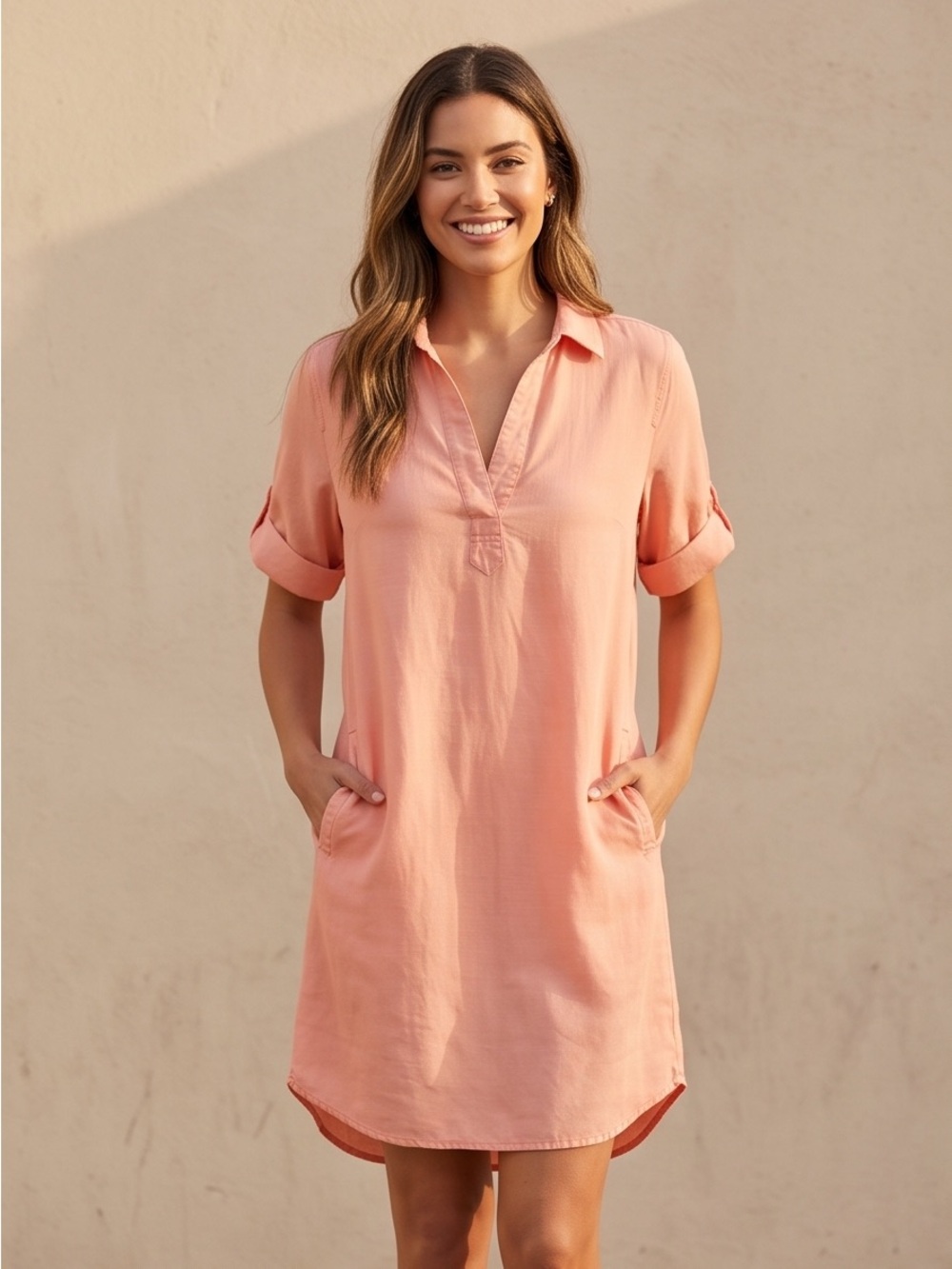 Chelsea & Theodore Easy Classic Coral Roll-Up Sleeve Tunic Dress w/ Pockets!